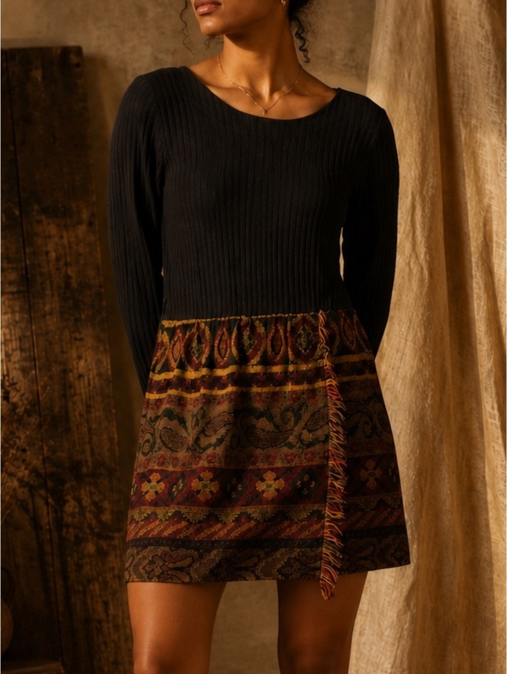 All That Jazz Vintage 90s Ribbed Tapestry Mixed Media Dress Size S Made USA
